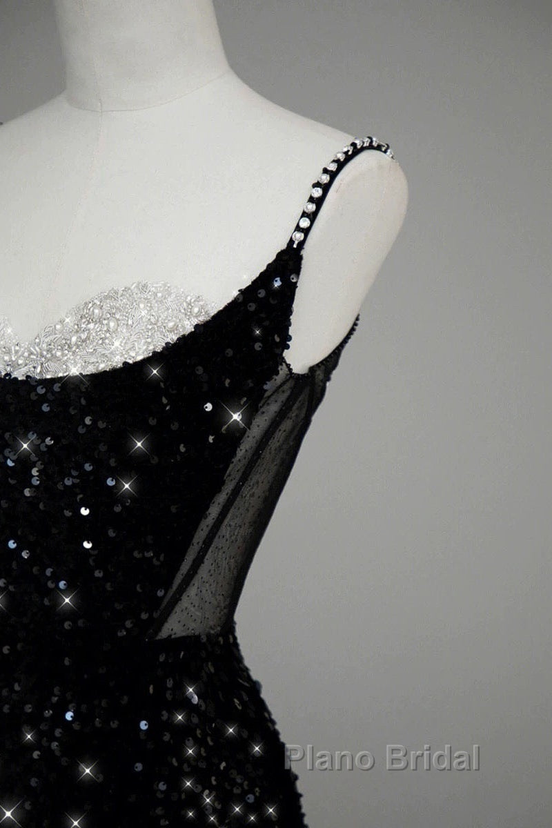 Classy Mermaid Spaghetti Straps Black Sequin Slit Long Evening Gowns Formal Prom Dresses