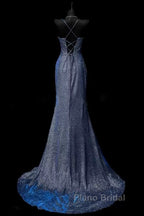 Classy Mermaid Spaghetti Straps Navy Blue Sequin Long Evening Gowns Formal Prom Dresses