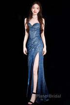 Classy Mermaid Spaghetti Straps Navy Blue Sequin Long Evening Gowns Formal Prom Dresses
