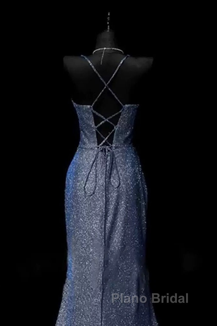 Classy Mermaid Spaghetti Straps Navy Blue Sequin Long Evening Gowns Formal Prom Dresses