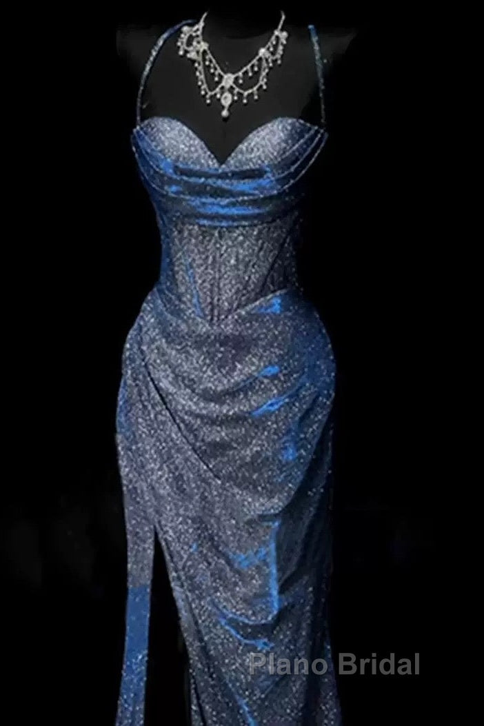 Classy Mermaid Spaghetti Straps Navy Blue Sequin Long Evening Gowns Formal Prom Dresses