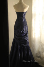 Classy Mermaid Strapless Navy Blue Organza Long Evening Gowns Formal Prom Dresses
