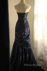 Classy Mermaid Strapless Navy Blue Organza Long Evening Gowns Formal Prom Dresses