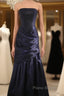 Classy Mermaid Strapless Navy Blue Organza Long Evening Gowns Formal Prom Dresses