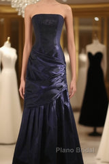 Classy Mermaid Strapless Navy Blue Organza Long Evening Gowns Formal Prom Dresses