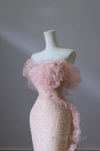 Classy Mermaid Strapless Pink Sequin Long Evening Dresses Formal Prom Dresses