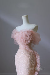 Classy Mermaid Strapless Pink Sequin Long Evening Dresses Formal Prom Dresses