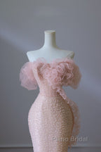 Classy Mermaid Strapless Pink Sequin Long Evening Dresses Formal Prom Dresses