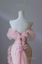 Classy Mermaid Strapless Pink Sequin Long Evening Dresses Formal Prom Dresses