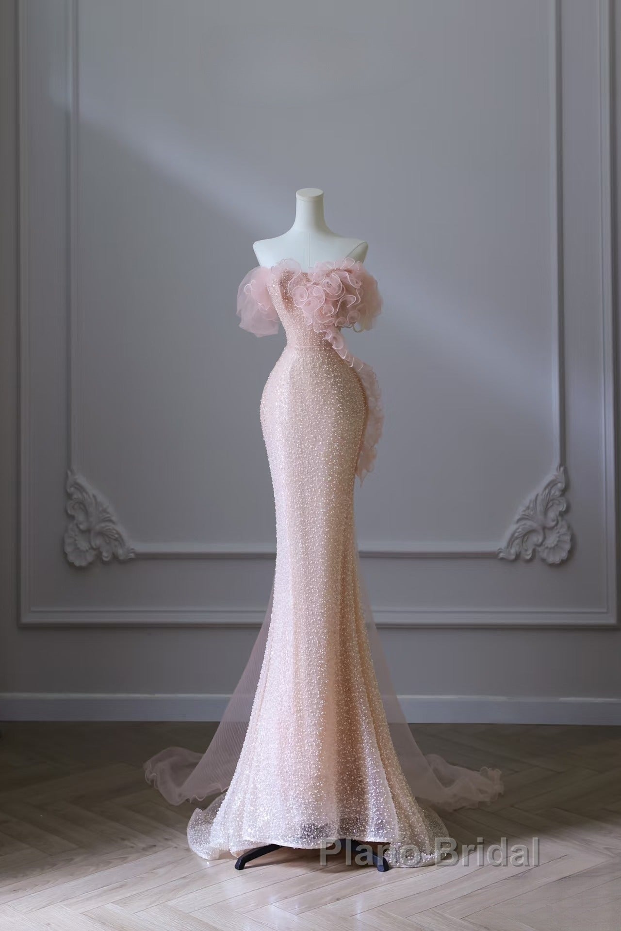 Classy Mermaid Strapless Pink Sequin Long Evening Dresses Formal Prom Dresses