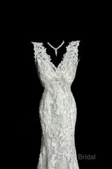 Classy Mermaid V Neckline Lace Ivory Long Wedding Dresses Bridal Dresses
