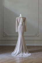 Classy Mermaid V Neckline Long Sleeves Sequin Ruffles Long Evening Dresses Formal Prom Dresses