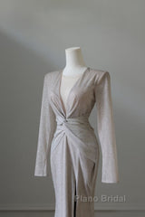 Classy Mermaid V Neckline Long Sleeves Sequin Ruffles Long Evening Dresses Formal Prom Dresses