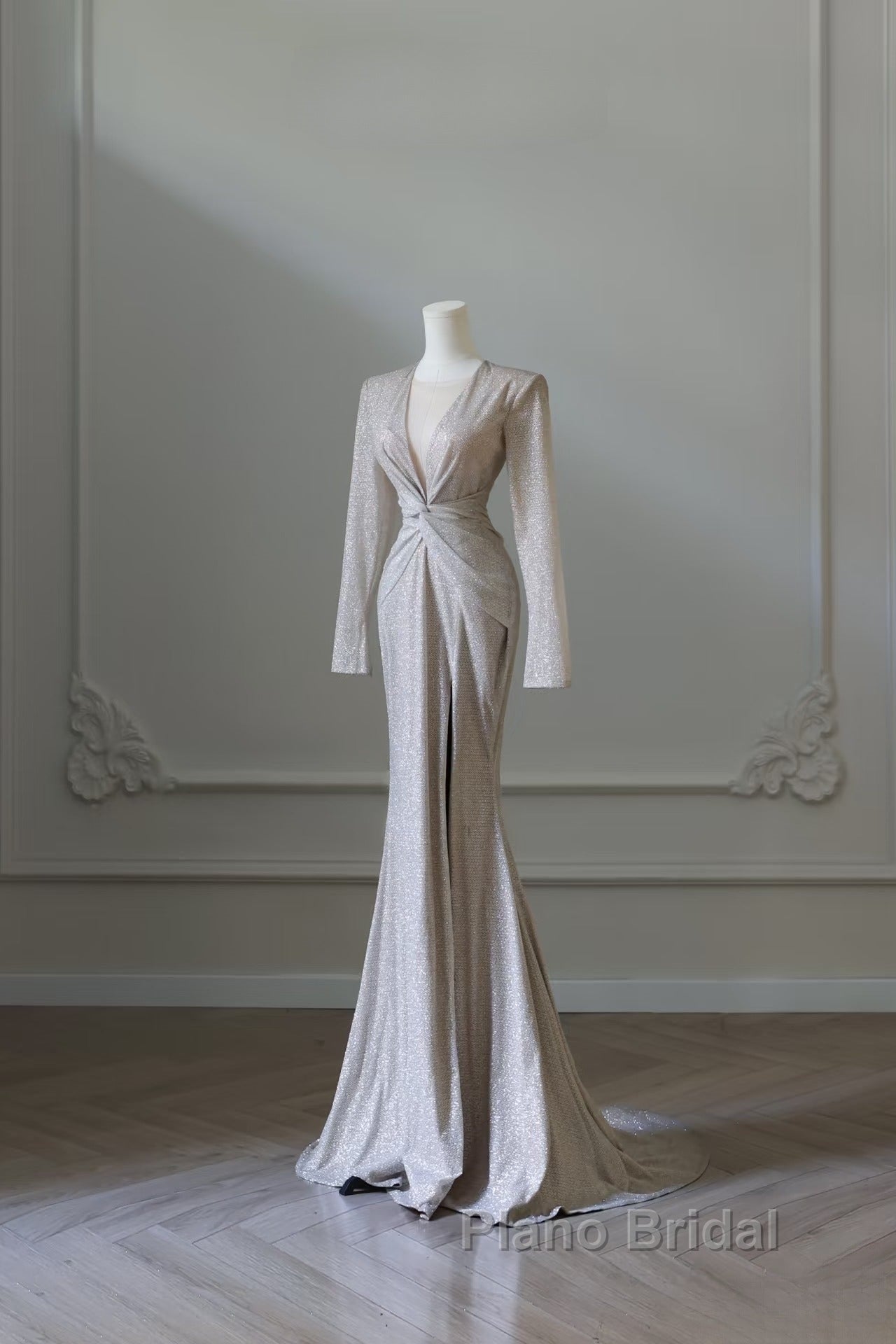 Classy Mermaid V Neckline Long Sleeves Sequin Ruffles Long Evening Dresses Formal Prom Dresses