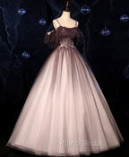 Coffee One Shoulder Tulle Long Formal Prom Gown, Coffee Tulle Formal Dresses
