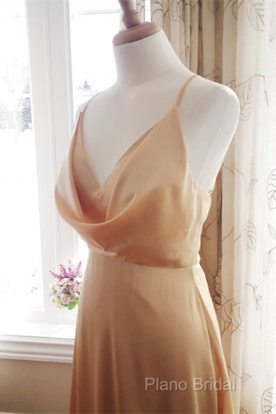 Cowl Neck Champagne Satin Bridesmaid Dresses With Slit Secondary image