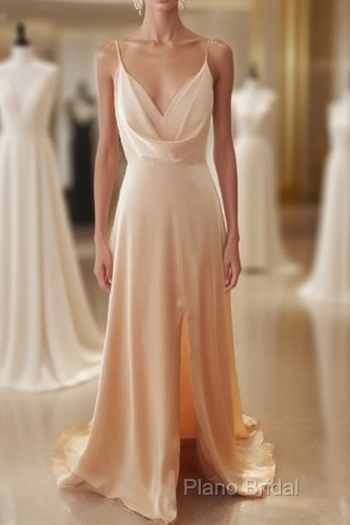 Cowl Neck Champagne Satin Bridesmaid Dresses With Slit Main image