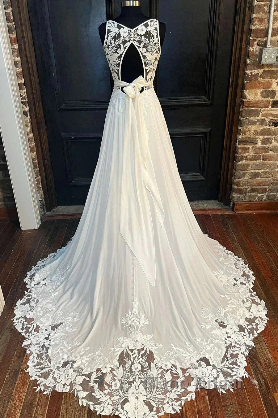Cowl Neck Cutout Back Lace-Trimmed Long Wedding Dresses Secondary image
