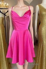 Cowl Neck Short Pink Formal Prom Dresses, Short Pink Graduation Homecoming Dresses