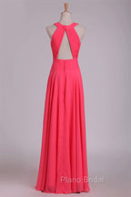 Crew Neck Watermelon Chiffon Long Bridesmaid Dresses