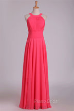 Crew Neck Watermelon Chiffon Long Bridesmaid Dresses
