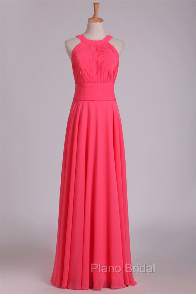 Crew Neck Watermelon Chiffon Long Bridesmaid Dresses