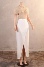 Crew Sheath Formal Prom Dresses Ankle-Length Zipper Beads Split Side Short Sleeve Evening Dresses