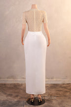 Crew Sheath Formal Prom Dresses Ankle-Length Zipper Beads Split Side Short Sleeve Evening Dresses