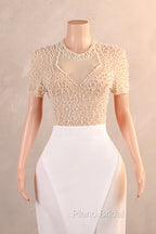 Crew Sheath Formal Prom Dresses Ankle-Length Zipper Beads Split Side Short Sleeve Evening Dresses