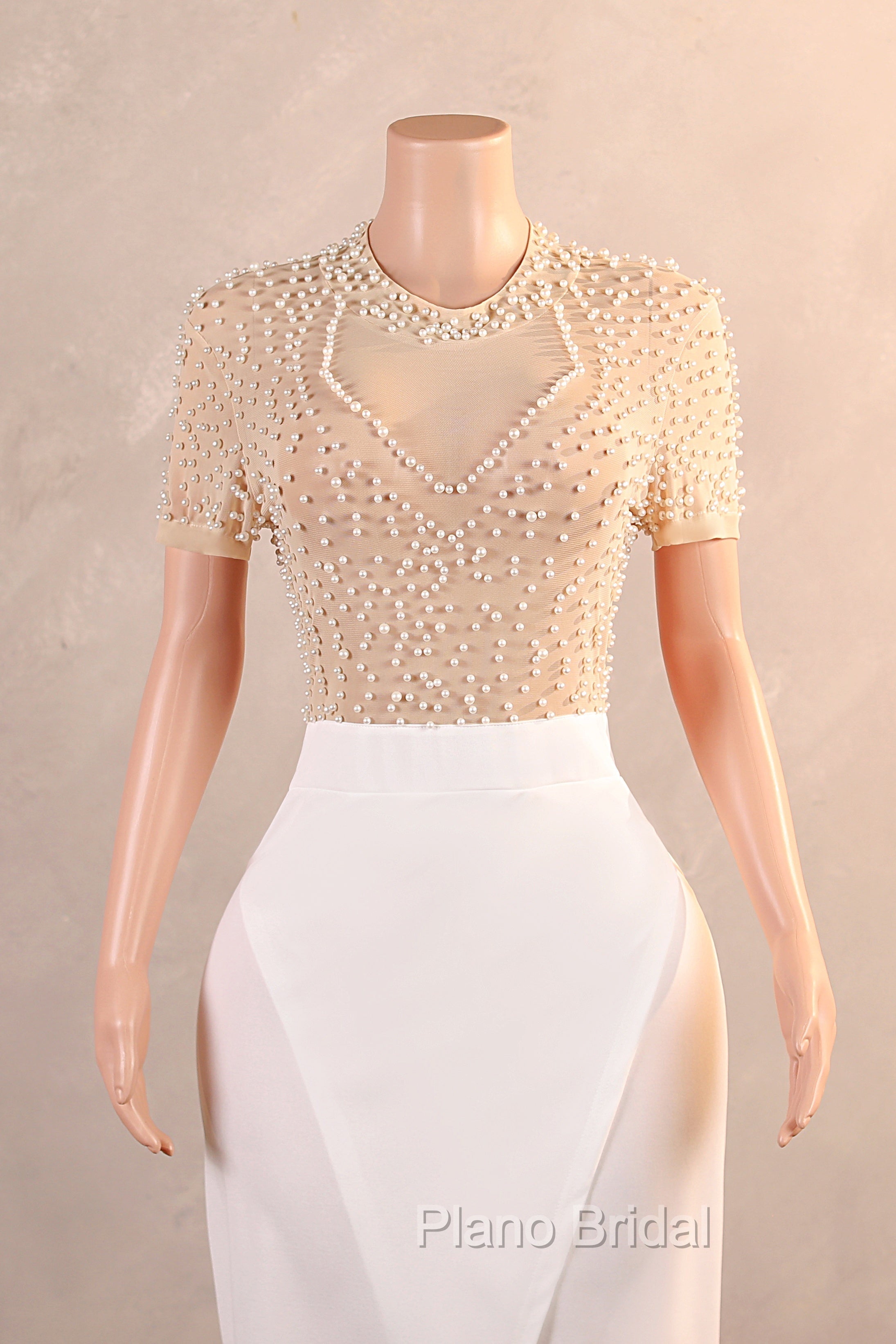 Crew Sheath Formal Prom Dresses Ankle-Length Zipper Beads Split Side Short Sleeve Evening Dresses