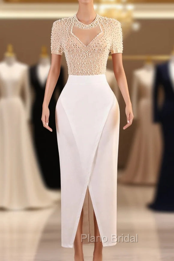 Crew Sheath Formal Prom Dresses Ankle-Length Zipper Beads Split Side Short Sleeve Evening Dresses Main image