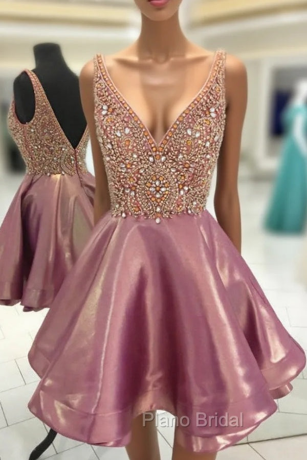 Crystal Beaded V Neck Satin Homecoming Dresses Short Formal Prom Gowns