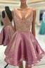 Crystal Beaded V Neck Satin Homecoming Dresses Short Formal Prom Gowns