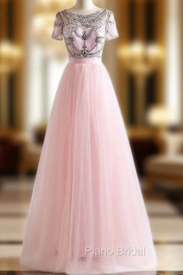 Crystal Beading Pink White Colors Tulle Sexy Backless Beach Formal Prom Dresses Main image