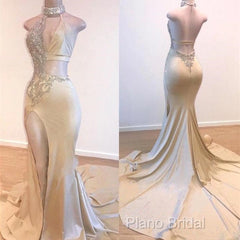 Crystal Halter Side Slit Formal Prom Dresses A-Line Backless Sleeveless Formal Dresses
