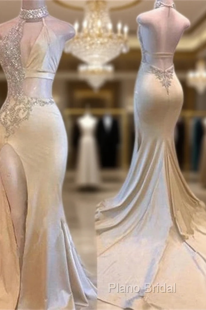 Crystal Halter Side Slit Formal Prom Dresses A-Line Backless Sleeveless Formal Dresses Main image