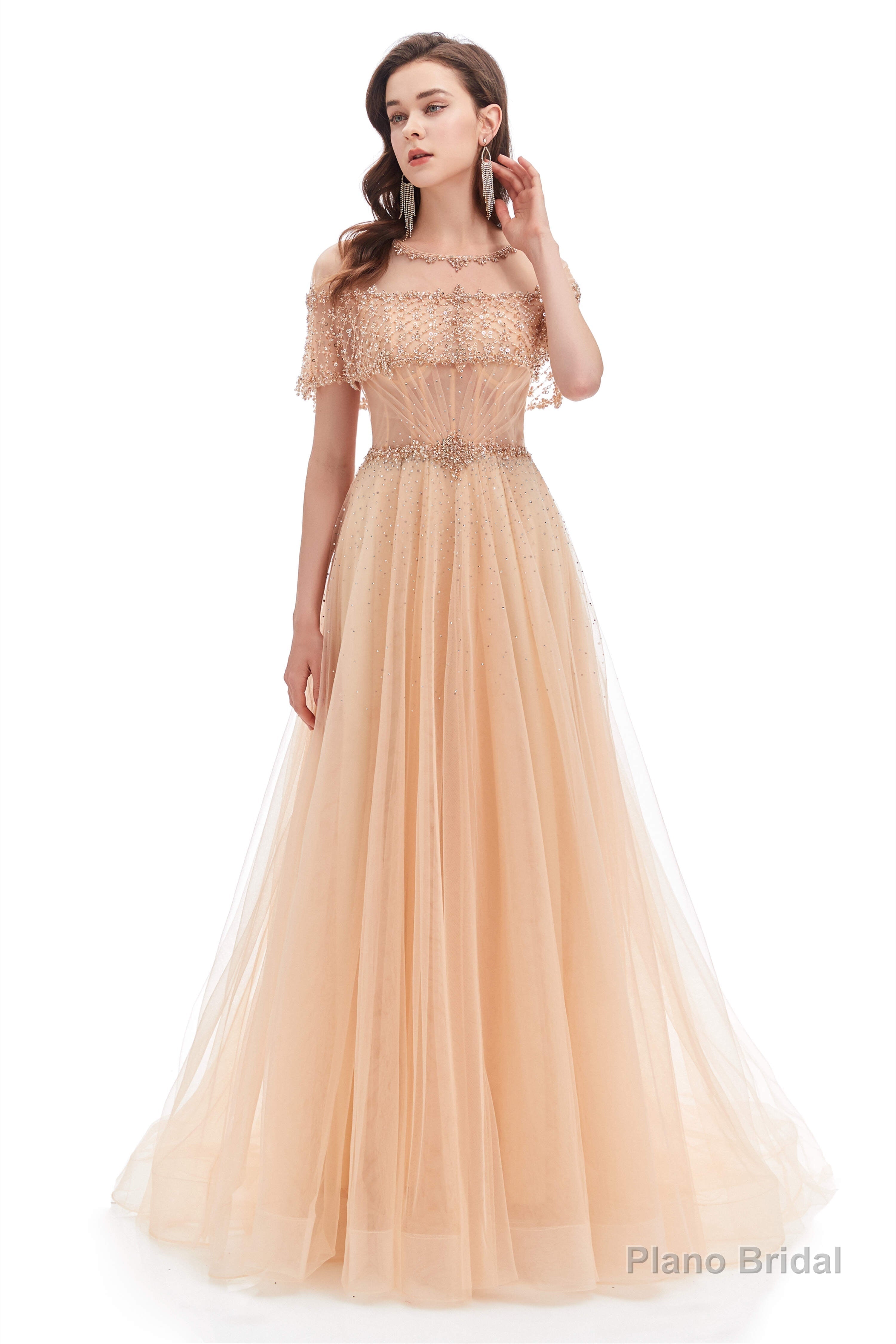 Crystal O-Neck Sleeveless A Line Tulle Prom Dresses Secondary image