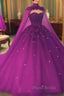 Crystals Purple Ball Gown Formal Prom Dresses With Cape Sweet 16 Quinceanera Dresses