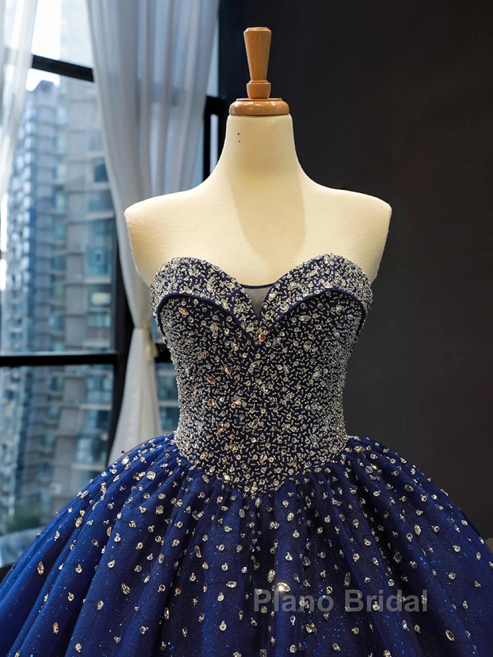 Crystals Sequined Navy Blue Quinceanera Dresses Ball Gown Wedding Dresses