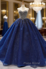 Crystals Sequined Navy Blue Quinceanera Dresses Ball Gown Wedding Dresses