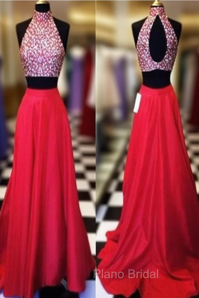 Custom Made A Line High Neck 2 Pieces Red Long Formal Prom Dresses, Long Red Formal Dresses Main image