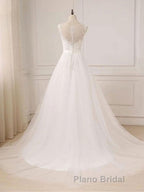 Custom Made A Line Round Neck Lace Tulle White Long Formal Prom Dresses, White Lace Formal Dresses, White Evening Dresses