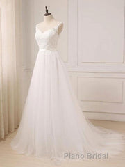 Custom Made A Line Round Neck Lace Tulle White Long Formal Prom Dresses, White Lace Formal Dresses, White Evening Dresses
