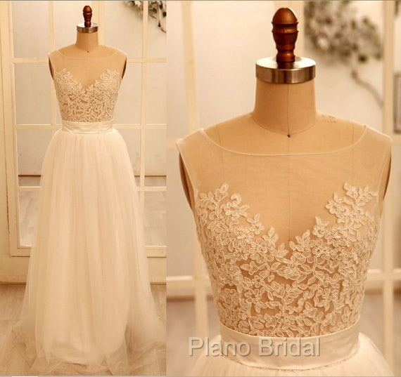 Custom Made A Line Round Neck Ivory Lace Wedding Dresses, Deep V Neck Back Formal Prom Dresses, Ivory Dresses For Wedding