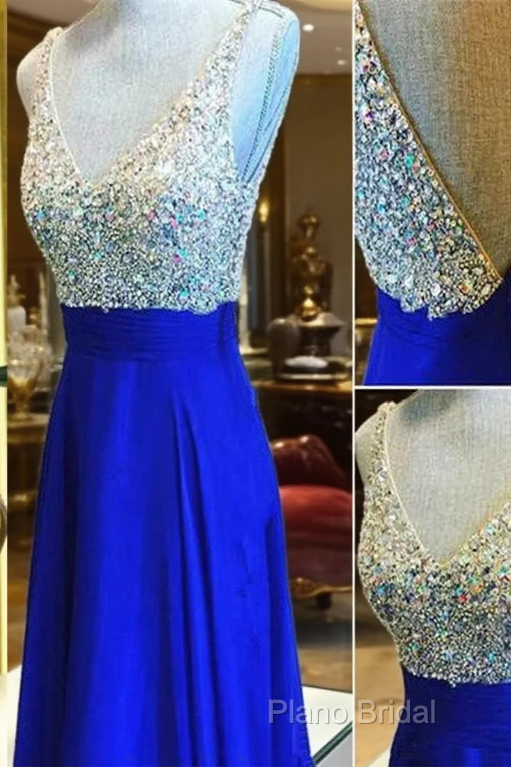 Custom Made A Line V Neck Backless Floor Length Royal Blue Formal Prom Dresses, Blue Formal Dresses, Blue Bridesmaid Dresses Main image