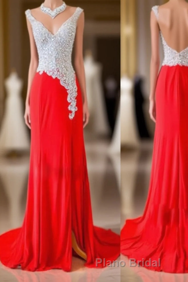 Custom Made A Line V Neck Backless Sequins Red Formal Prom Dresses, Red Evening Dresses Main image