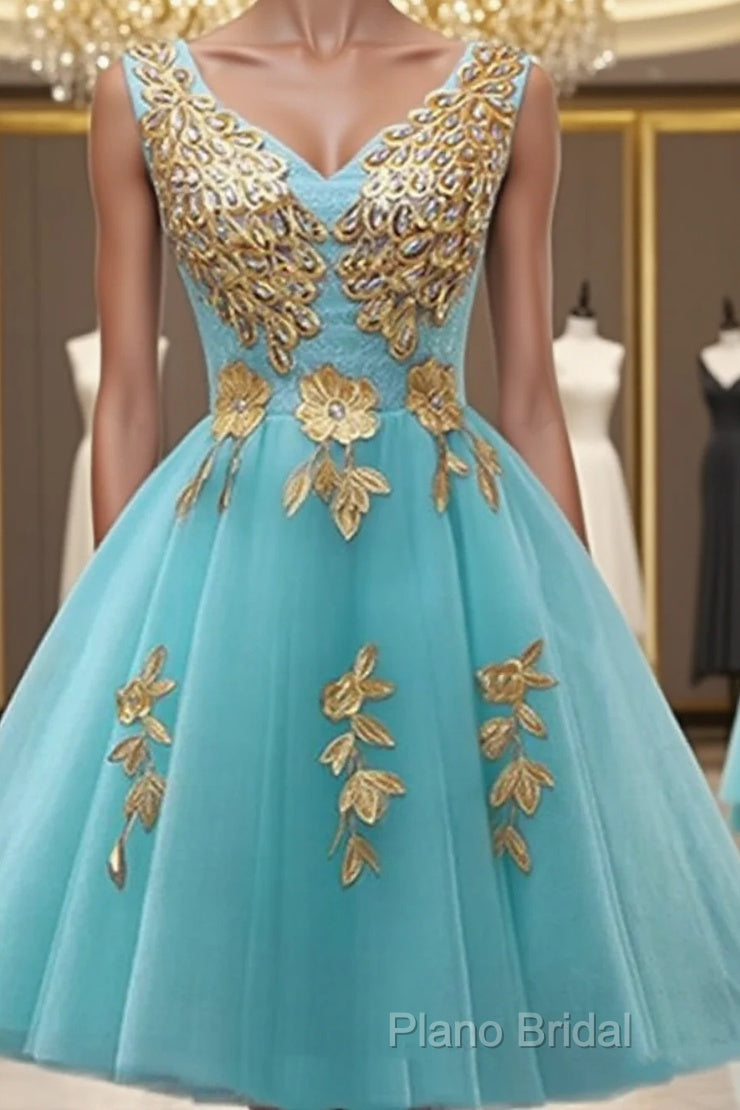 Custom Made A Line V Neck Light Blue Short Tulle Formal Prom Dresses, Short Bridesmaid Dresses, Homecoming Dresses, Graduation Dresses Main image