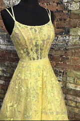 Custom Made Backless Yellow Lace Floral Long Formal Prom Dress, Yellow Lace Formal Graduation Evening Dress