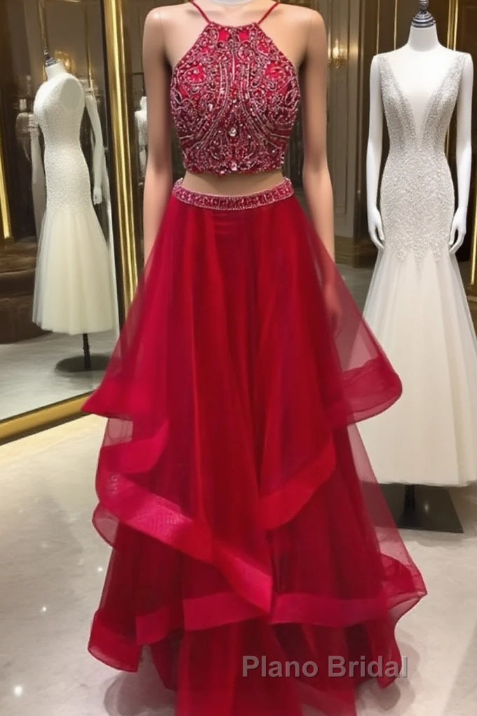 Custom Made Beaded Red Halter Two Piece Formal Prom Dresses ,Formal Dresses