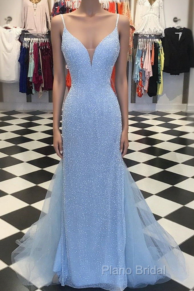 Custom Made Blue V Neck Mermaid Formal Prom Dresses, Mermaid Formal Dresses, Blue Formal Dresses Main image
